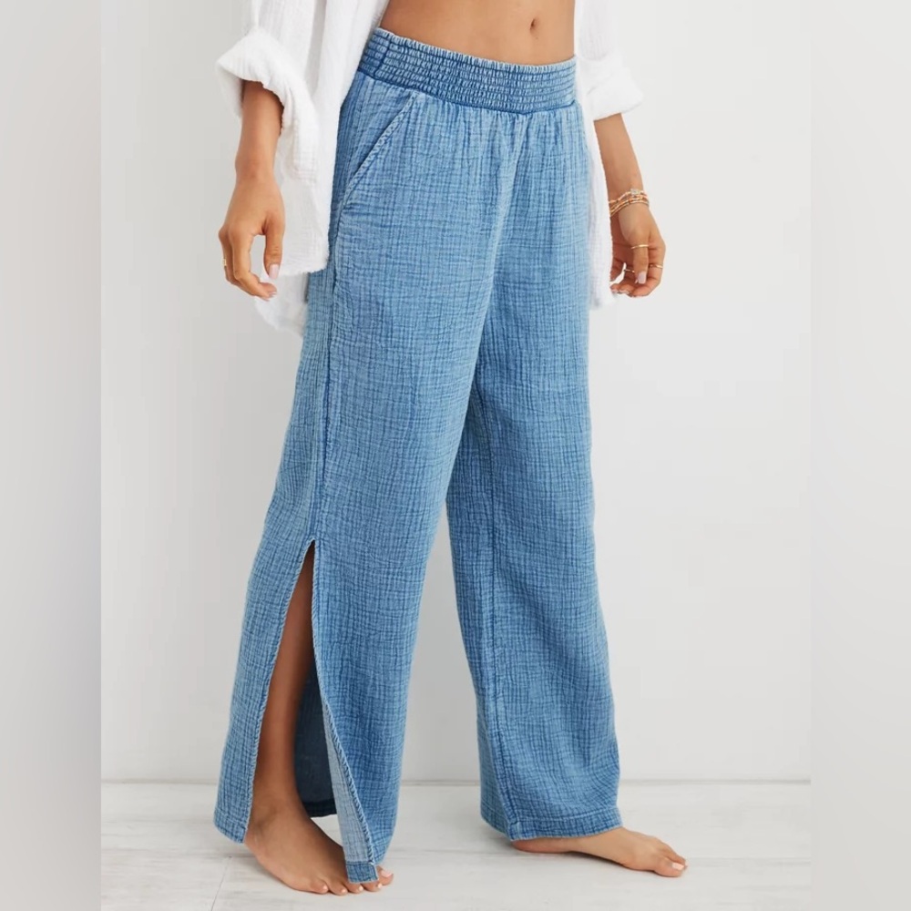 Aerie Blue Wide Leg Denim Pants with Side Slits
